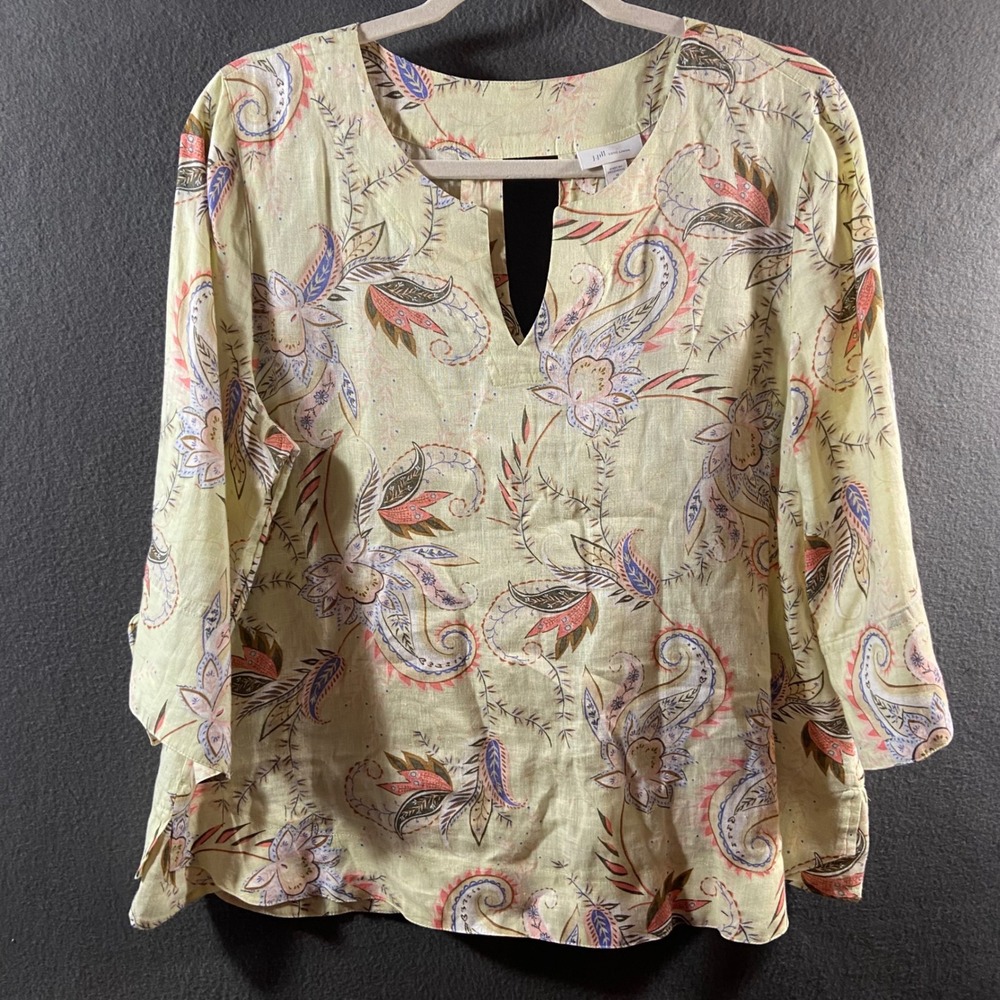 J Jill Love Linen Paisley Tunic Top Yellow 100% Linen Boho M Petite coastal